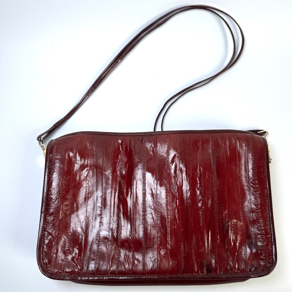 Vintage Eel Skin Leather Handbag Burgundy Red Shoulder Bag Slim Retro Purse‎